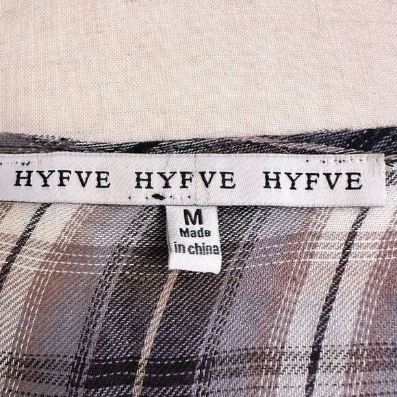 Hyfve Plaid Relaxed Fit Long Sleeve Lace Up Front Top Black Gray Size Medium - Picture 4 of 4